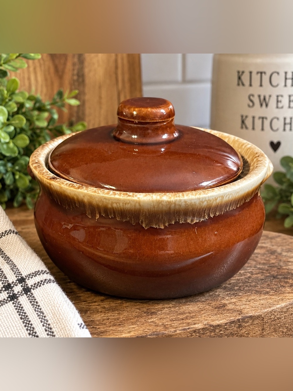 Vintage 1970s McCoy Pottery #340 Brown Drip Lidded Crock USA